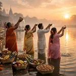 Chhath Puja Shayari in Hindi — ghat par Surya Dev ko arghya dete bhakt