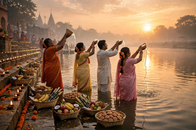 Chhath Puja Shayari in Hindi — ghat par Surya Dev ko arghya dete bhakt