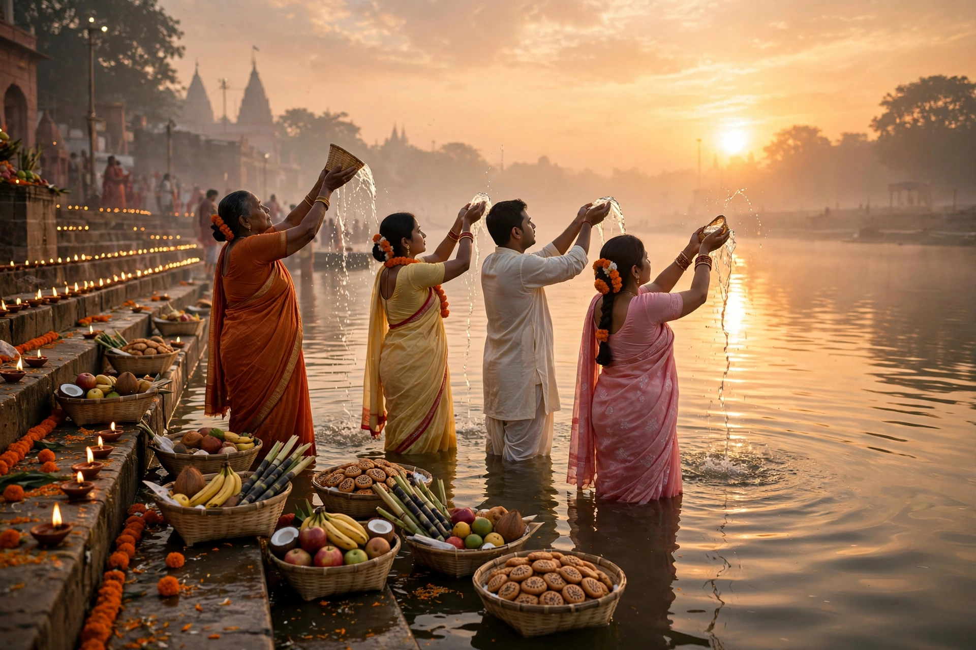Chhath Puja Shayari in Hindi — ghat par Surya Dev ko arghya dete bhakt